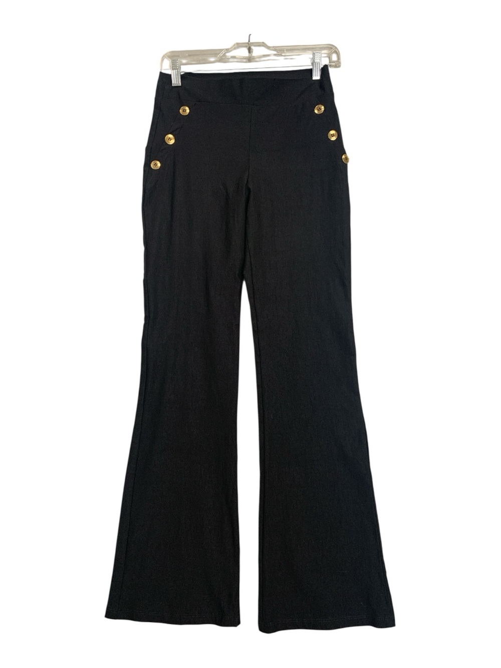 High-Rise Black Flared Pants with Gold Button Detail